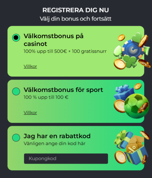 Registreringsbonus hos BetCollect i SEK